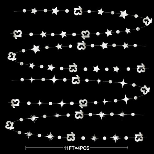 Image of Silver 13th Birthday Decorations Number 13 Circle Dot Twinkle Star Garland Metallic Hanging Streamer Bunting Banner Backdrop Girls Boys 13 Years Old Birthday Thirteen Official Teenager Party Supplies