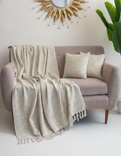 Image of Handwoven Cotton Sofa Throw Blanket with 2 pcs Cushion Covers Lightweight Decorative Couch & Bed Throw (Pack of 3, Leaf Pattern)