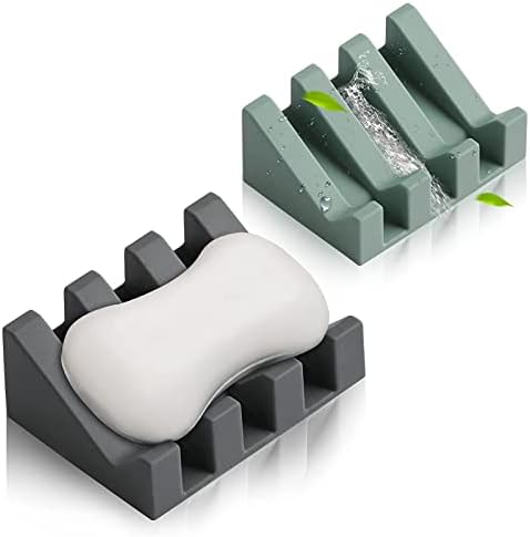 Silicone Soap Dish with Drain Shower Bathroom Soap Sponge Holder Self Draining Waterfall Drying Tray Kitchen Sink Caddy, Easy Cleaning Soap Saver Mat (Grey & Light Green)