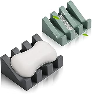 Silicone Soap Dish with Drain Shower Bathroom Soap Sponge Holder Self Draining Waterfall Drying Tray Kitchen Sink Caddy, Easy Cleaning Soap Saver Mat (Grey & Light Green)