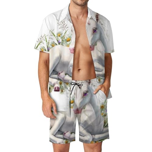 Chemise Hawaïenne Homme Ensemble Fleur Licorne Short et Pantalon de Plage Été 2 Pièces S