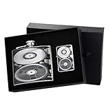 Cassette Tape Reel Stainless Steel Liquor Shot Flask Flip Top Silver Lighter Gift Set