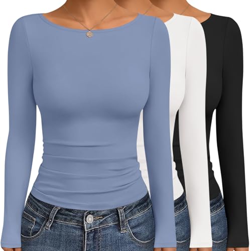 Ekouaer Long Sleeve Tops for Women Boat Neck Shirts Double Lined Ruched Basic Tees Fall Fashion 2025 Thermal Underscrubs Black/Grey Blue/White M