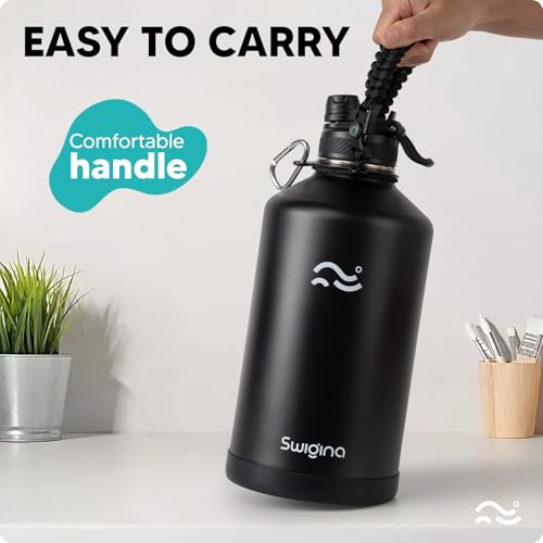 Image of Swigina [2-IN-1 LID] Gallon Insulated Water Bottle with Silicone Boot (48hrs Cold /24hrs Hot) - DIY Stickers, Leakproof, BPA Free, 128 oz