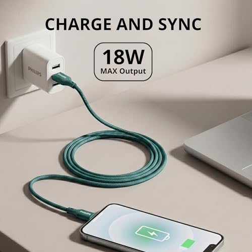 Image of PHILIPS DLC4130AT /94 18W Type-A to Type-C Fast Charging Cable (1m, Crystal Teal) | Nylon Braided | Compatible with iPhone 15+ Series, USB-C iPad Models, Samsung Galaxy & All Type C Devices