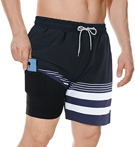 Swim Shorts for Men Swimsuit Summer Swim Trunks Stretch Men's Compression Shorts Black White Stripes L