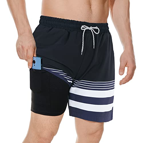 Swim Shorts For Men Swimsuit Summer Swim Trunks Stretch Men's Compression Shorts Black White Stripes L #TOP6