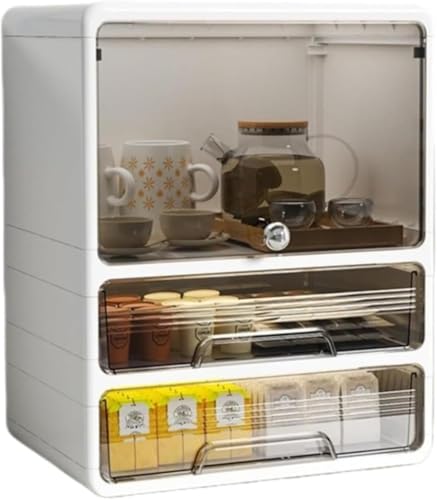 MLTUN MAKAN ミニカップボードカウンター上収納コップ 食器棚 防塵 防湿 扉付き 多機能 お茶碗ボックス 大容量 簡単 化粧品 小物 透明扉付き 一段二段三段 雑貨 仕切り 台所 家庭用 (ブラック,M+M+L-3)
