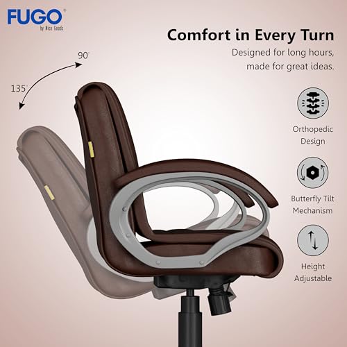 Image of FUGO FG235 Ergonomic Medium Back Office Chair with Adjustable Height, Cushioned Back&Seat, Tilting Mechanism, Heavy-Duty Metal Base, Dual Nylon Casters-Ideal for Work, Study, 3-Year Warranty (Brown)