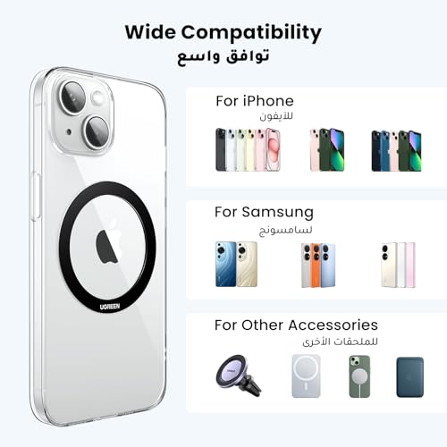 UGREEN MagSafe Ring Magnetic Sticker (2 Pack), Universal Conversion Kit Metal Plate for Phone Case MagSafe Wallet Power Bank, Fit for iPhone 16/15/14/13/12/11/X Series, Samsung S25/24/23/22, Black