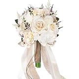 Sousi Hochzeitssträuße für Braut und Brautjungfern, Weiße Kunstrosen Blumen Hochzeitsdekoration (Champagner,21cm)