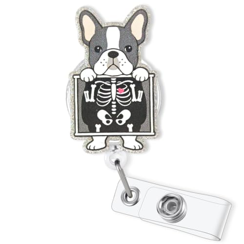 French Bulldog X-Ray Badge Reel Retractable, Funny Glitter Radiology Tech Badge ID Holder for Work, Cute Dog Acrylic Badge Reel for Rad Tech, CT, MRI & Radiology Staff, Funny X-Ray Tech Week Gifts