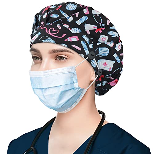 Image of ABAMERICA Bouffant Caps with Button and Sweatband, Adjustable Scrub Caps for Women Men, One Size Multi Color