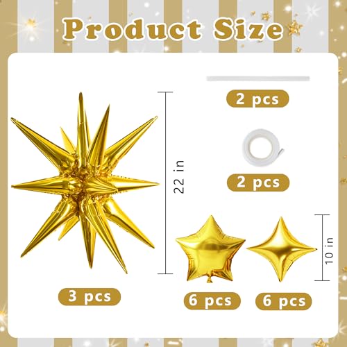 TONIFUL 22Inch 15Pcs Gold Large Explosion Star Mylar Balloons and 10Inch Four Pointed Star Balloons Set for Christmas New Year Birthday Wedding Bridal Shower Anniversary Photo Booth Supplies - Image 4