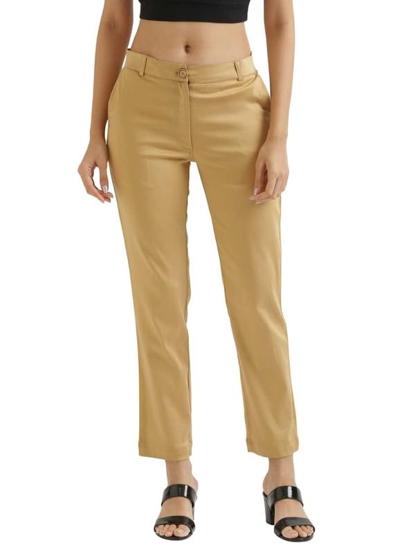 Image of SAADAA Women Pants Formal Straight Fit Cotton Satin Lycra Pant, Regular Fit Trouser for Office Work & Casual wear- Mid Rise, Elasticated Waistband, 4 Deep Pockets