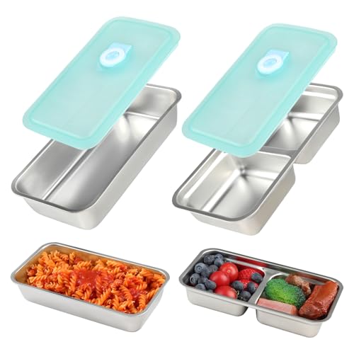 komforbaa 2 Pack 304 Food Grade Stainless Steel Snack Containers, 1&2 Compartment Reusable Food Storage with Leakproof Lids, Portable Lunch Containers for Travel, Camping & Home Cooking