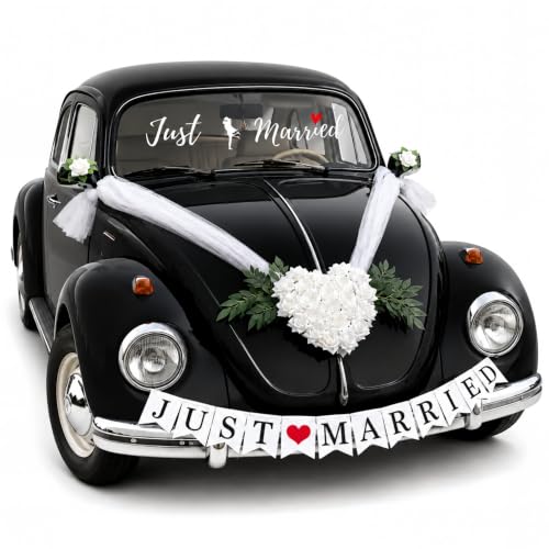 Kit de décoration de voiture de mariage en forme de cœur blanc – Plaque de fleurs en forme de cœur avec ventouse, 2 fleurs de rétroviseur, autocollants « Just Married » et bannière en papier