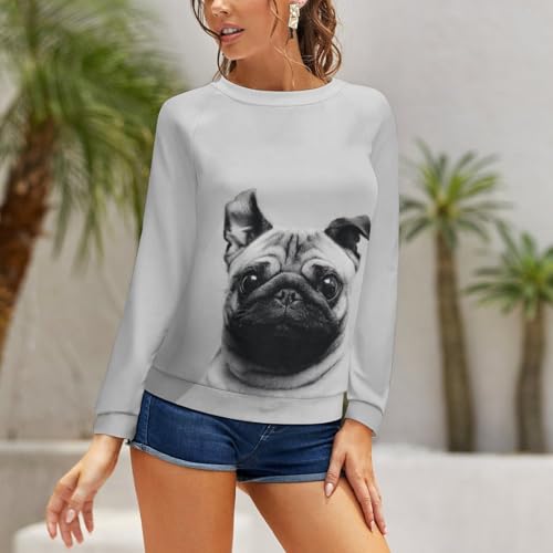 JZemdybill Lässiger Pullover für Damen, niedliches Mops-Sweatshirt für Damen, Rundhalsausschnitt, lange Ärmel, niedlicher Mops, Süßer Mops., 50