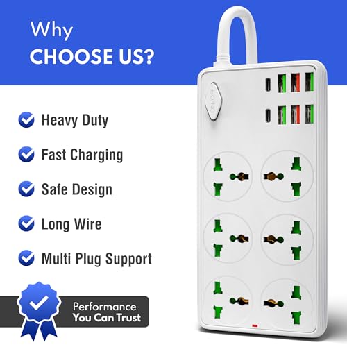 Image of Heavy Duty Multi Plug Extension Board with USB & Type-C, Spike Guard | Individual Switches, 2m Long Wire, Universal Smart Power Extension Cord for Home Office Washing Machine & Heavy Load (White)