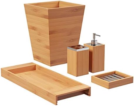 5-Piece Bathroom Decor Set - Bamboo Bathroom Accessories Set with Trash Can, Soap Dish, Soap Dispenser, Toothbrush Holder, and Tray by Lavish Home