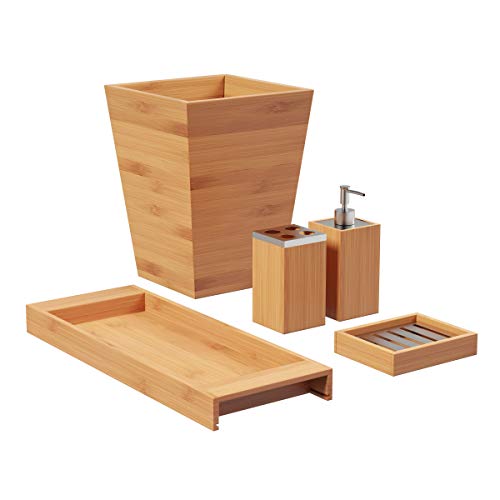 Lavish Home 5-Piece Bathroom Decor Set - Bamboo Bathroom Accessories with Trash Bin, Soap Dish, Soap Dispenser, Toothbru