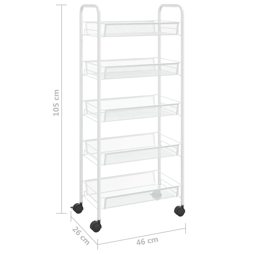 Carrito de cocina blanco con 5 niveles de hierro 46 x 26 x 105 cm, carrito de servicio con ruedas, carrito auxiliar para cocina, baño, oficina, organizador de espacio para isla de cocina y