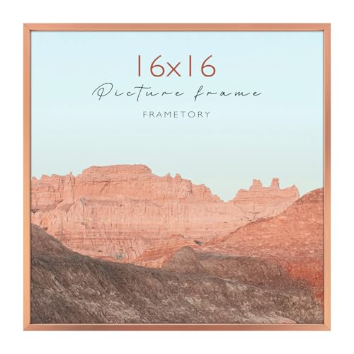 Frametory, 16x16 Aluminum Picture Frame, Real Glass Front, Thin Metal Poster Frame for 16x16 Pictures, Wall Mount (1 Pack Rose Gold)