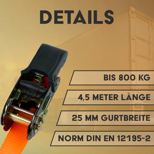 Spanngurte mit Ratsche und Haken 4er Set, 25mm breit 4,5m lang, bis 800kg, Spanngurt-orange, Zurrgurte für Ladungssicherung, Spanngurte Haken, Gurtband, Spanngurt 4,5m