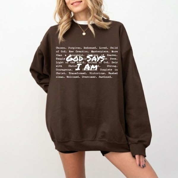 FITIN Unisex Faith-Based “God Says I Am” Graphic Crewneck Sweatshirt – Christian Inspirational Cozy Pullover
