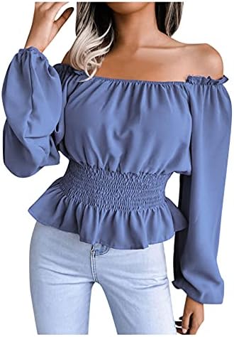 Sunlucky Womens Shoulderless Long Sleeve Pleated Blouse Solid Color Tunic Tops Blue