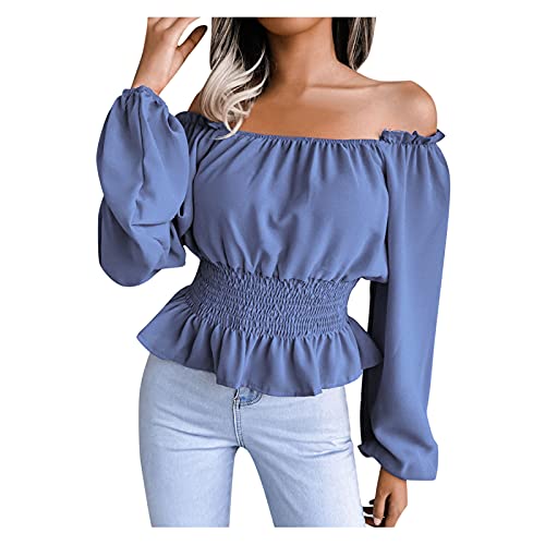 Sunlucky Womens Shoulderless Long Sleeve Pleated Blouse Solid Color Tunic Tops Blue #TOP22