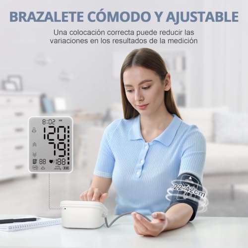 Miniatura 4 de Nwouiiay Tensiómetro De Brazo Monitor De Presión Arterial Recordatorio De Arritmia Y 2 Funciones De Memoria De Usuario Con Pantalla Lcd Brazalete Ajustable 22-42cm Para Adultos Mayores Y Familias