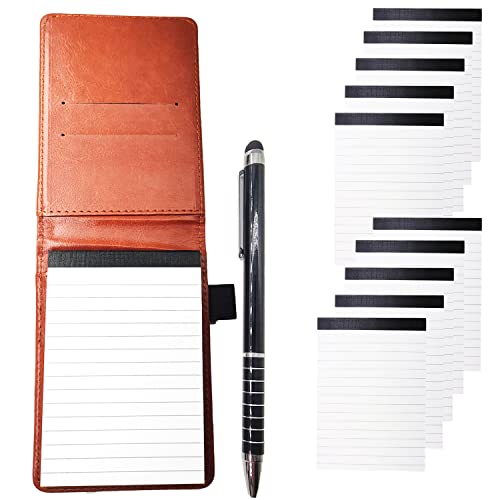 12-teiliges Mini-Taschen-Notizblockhalter-Set mit 50 linierten Blättern, Metallstift und 10 Stück 7,6 x 12,7 cm, 30 linierte Notizbuch-Nachfüllungen für das Homeoffice der Schule. ( Braun ) Cover
