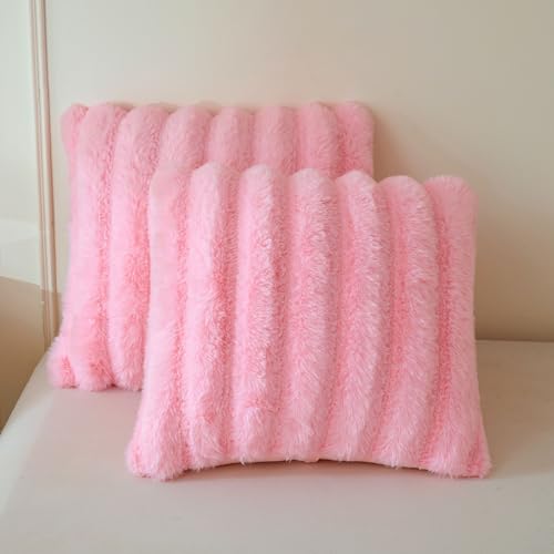 MEGO Faux Rabbit Fur Ribbed Throw Pillow Covers 20x20 Set of 2, Pink