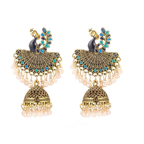 Grandes boucles d'oreilles pendantes indiennes en forme de paon avec perles Jhumka Bell pour femmes et filles - Style bohème vintage - Boucles d'oreilles pendantes uniques - Bijoux traditionnels