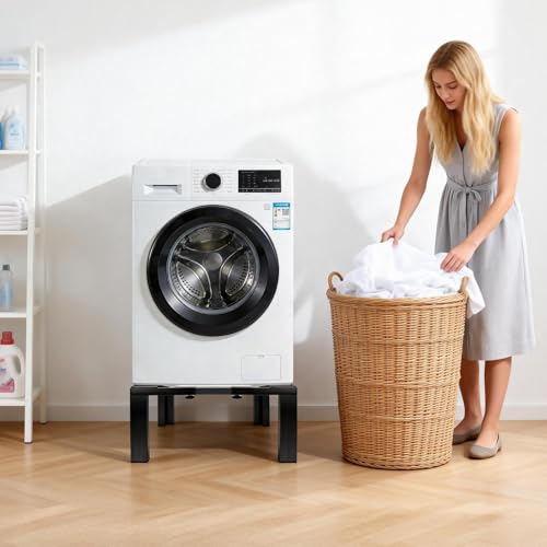 Humagineer Edelstahl Waschmaschinen Untergestell mit 4 Stützfuß, 30cm Höhe, Verstellbare Breite 53-73cm Waschmaschinensockel Schwer belastbar, Tragfähig 500KG, Waschmaschinen Unterschrank, Schwarz