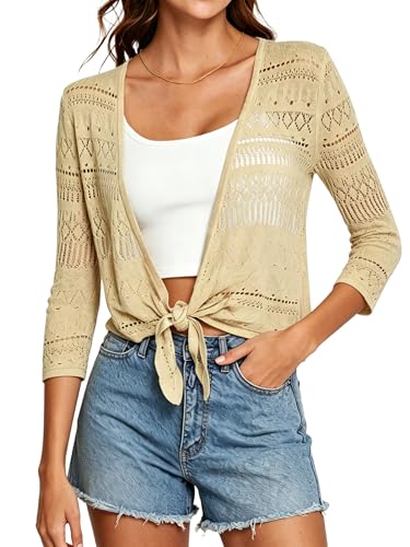 Image of Spicy Sandia Tie Front Sheer Shrug 3 /4 Sleeve Cropped Crochet Cardigan for Summer Lightweight