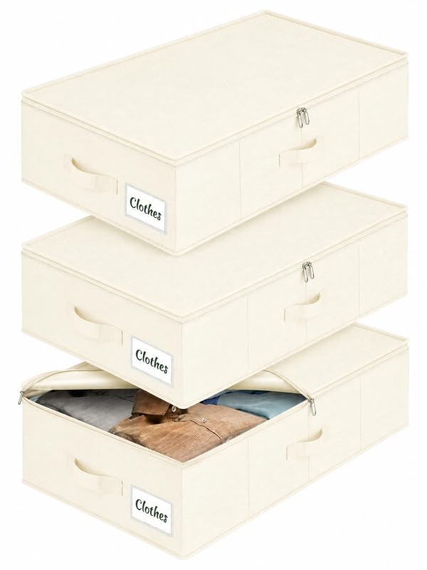 Under Bed Storage Box with Lid 3 Pack, Low Profile Foldable Underbed Clothes Organiser Under Sofa and Cot, W/ Ultra Thick Fabric and Sturdy Bottom/Sides, Storage Box for Dorm and Home 76x40x17cm