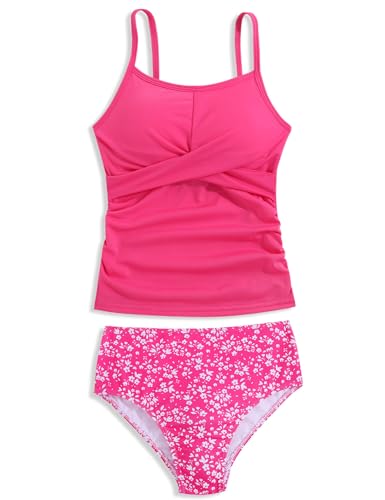 LKALPSQ Girls Swimsuits 2 Piece Bathing Suit Tropical Floral Swimwear 7-16 Years Beach Sport Halter Tankini 11 Years Pink