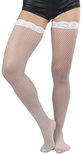 Image of ToBeInStyle Women's Wide Floral Lace Fishnet Thigh Hi Stockings