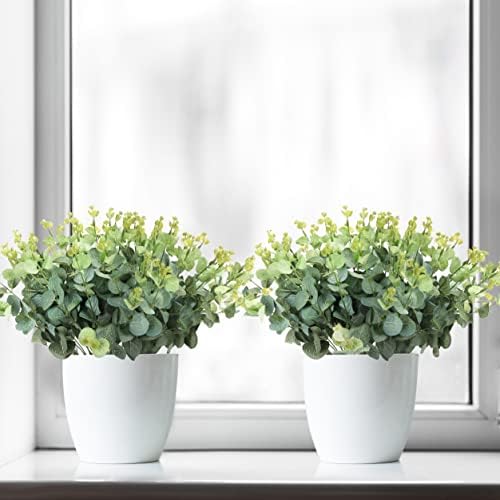 BELLE VOUS 4 Pack Plastic Artificial Eucalyptus Plants - Outdoor/Indoor Fake Faux Greenery Flowers for Home, Garden, Wall Basket, Bushes/Shrubs, Wedding Garland and Office Decor