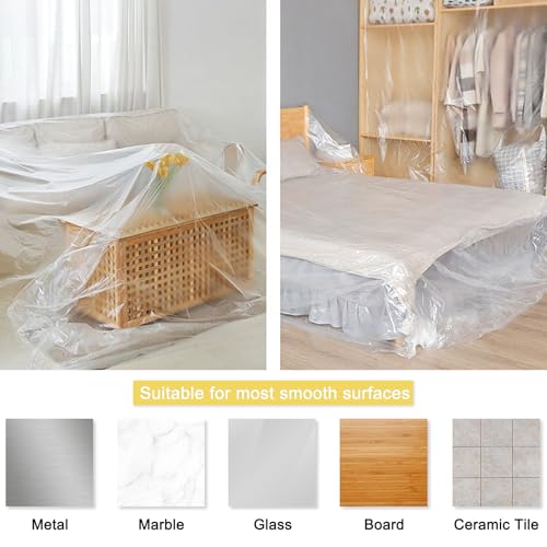 Sinzau Staubdicht Transparent Abdeckfolie mit Klebeband - 2,4m x 15m Malerfolie mit Klebeband Wasserdicht Möbelschutz Sprühfarbenabdeckung - Teppiche Schränke Sofa Haushaltsgeräte Auto