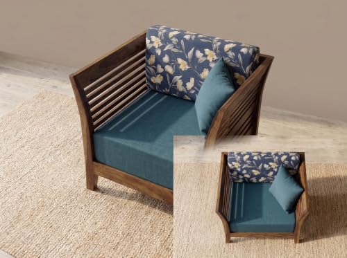 Image of Solid Sheesham Wood 1 Seater Sofa Set for Living Room | Wooden Couch with Cushions | Handcrafted Sheesham Wood Sofa | Home & Office Furniture | 1 Seater Sofa Set |