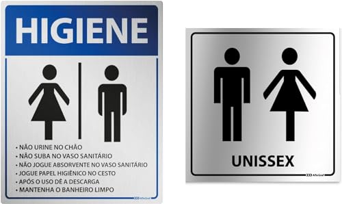 Placas de Sinalização para Banheiro Unissex e Aviso de Higiene Alumínio Kit 2 und