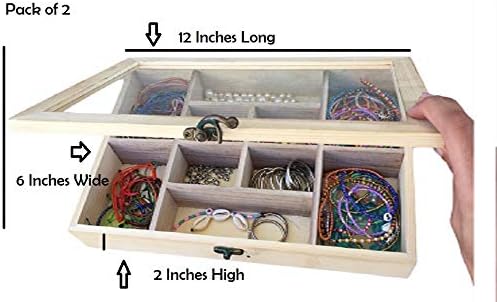 Miniatura 3 de Paquete de 2 cajas clásicas de madera sin terminar con tapa de vidrio con bisagras para arte, manualidades, pasatiempos, joyería de cuentas y mucho