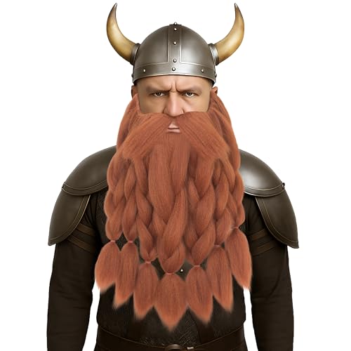 Synthetic Viking Dwarf Long Fake Beard and Mustache for Men 5 Braids Red Brown Cosplay Costume Beard