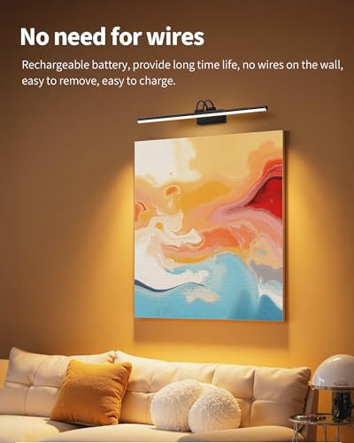 Image of KDG LED Cordless Wall Picture Light with Remote, 7000mAh Rechargeable Dimmable Art Lighting, Adjustable Swing Arm, Picture Frame Light for Gallery, Living Room, Hallway, 24 inch, Black