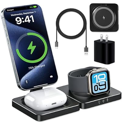 3 in 1 Wrieless Charger Station for iPhone Compatible with Magsafe Charger Stand for iPhone 17 16 15 14 13 12 Pro Max, AirPods&iWatch Series,with Adapter.