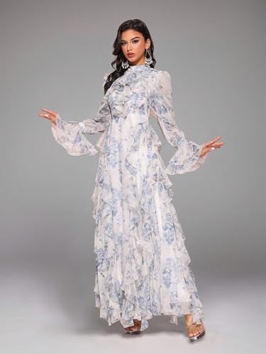 Image of TOLEEN Summer Casual Dresses for Women 2024 Spring Fashion Boho V Neck Long Sleeve Ruffle Floral Print Elegant Maxi Dress