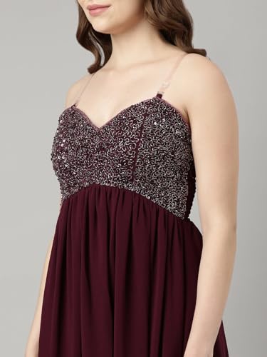 Image of SHOWOFFFF Women Embellished Fit and Flare Party Dress | Square Neck Sleeveless Georgette Dress for Womens | Knee Length Dress for Women's